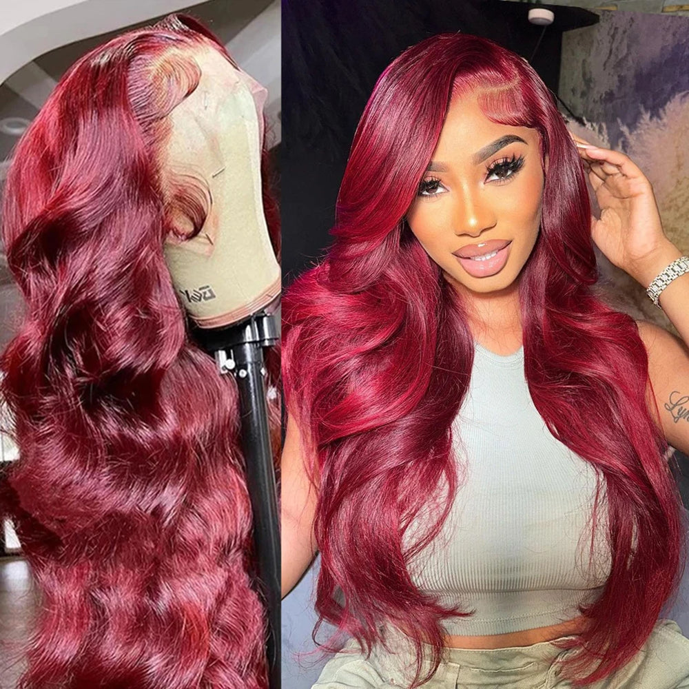 AMZHAIR Raw Vietnamese Hair Burgundy 99J Color Body Wave Wigs 100% Human Hair 13x6 Hd Lace Frontal Wig Glueless 13x4 Lace Frontal Wigs for Black Woman