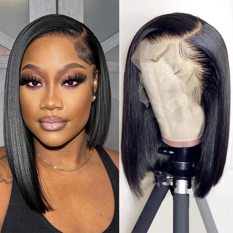 AMZHAIR Natural Color Double Drawn Bone Straight Short Bob Wigs Human Hair 13X4 hd Lace Front Wigs Glueless Baby Hair for Women