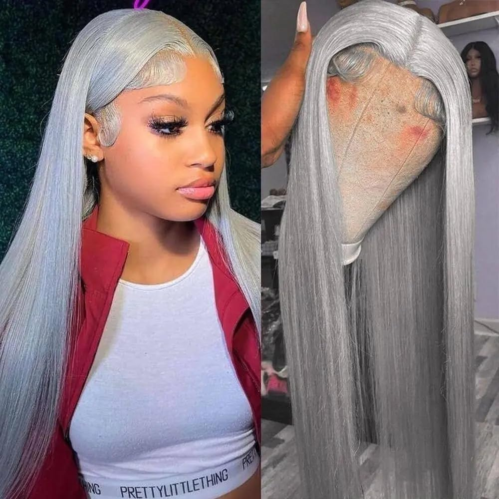 AMZHAIR Raw Vietnamese Hair Sliver Grey Color  Bone Straight Wigs 100% Human Hair 13x6 Hd Lace Frontal Wig Glueless 13x4 Lace Frontal Wigs for Black Women