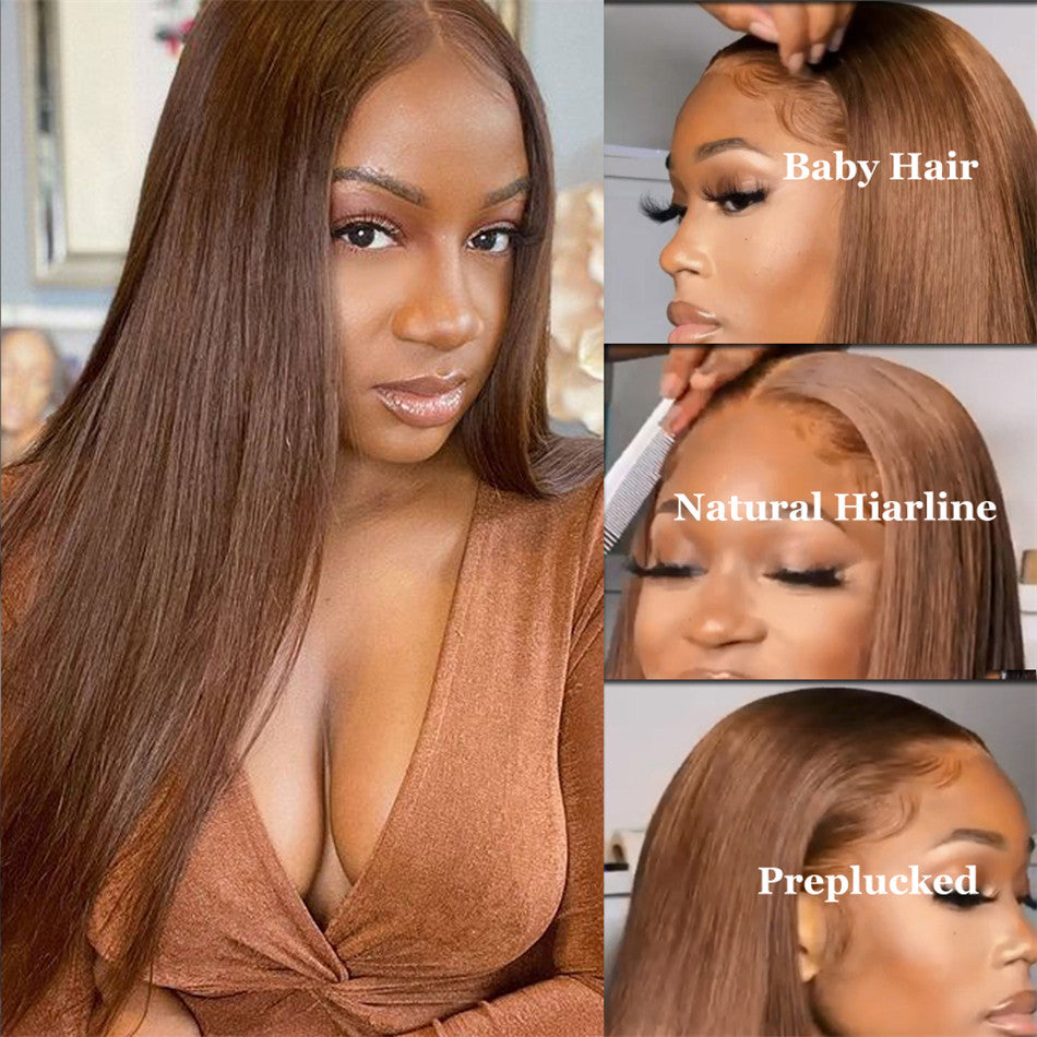 Color 30# Matte Brown Human Hair Transparent Lace Frontal Wig Plucked Natural Hairline