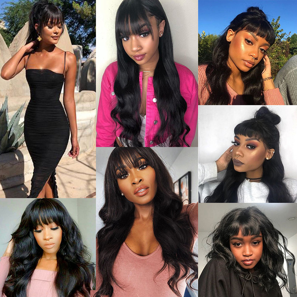 Glueless Body Wave Human Hair Wigs With Bangs Machine Made Wig Suitable For Beginners
