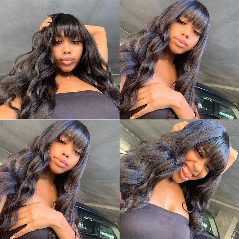 Glueless Body Wave Human Hair Wigs With Bangs Machine Made Wig Suitable For Beginners