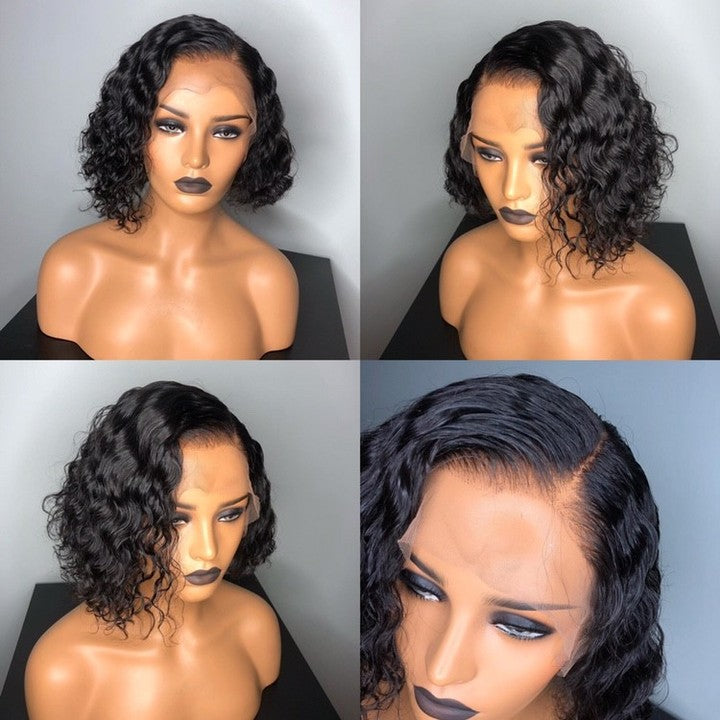 180% Density Deep Wave Human Hair Bob Wig HD Transparent Lace Front Wig Pre Plucked