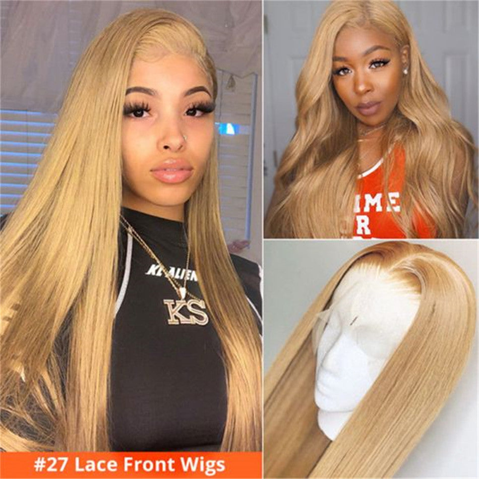Honey Blonde 27# Pre Colored Straight Human Hair HD Lace Frontal Wig