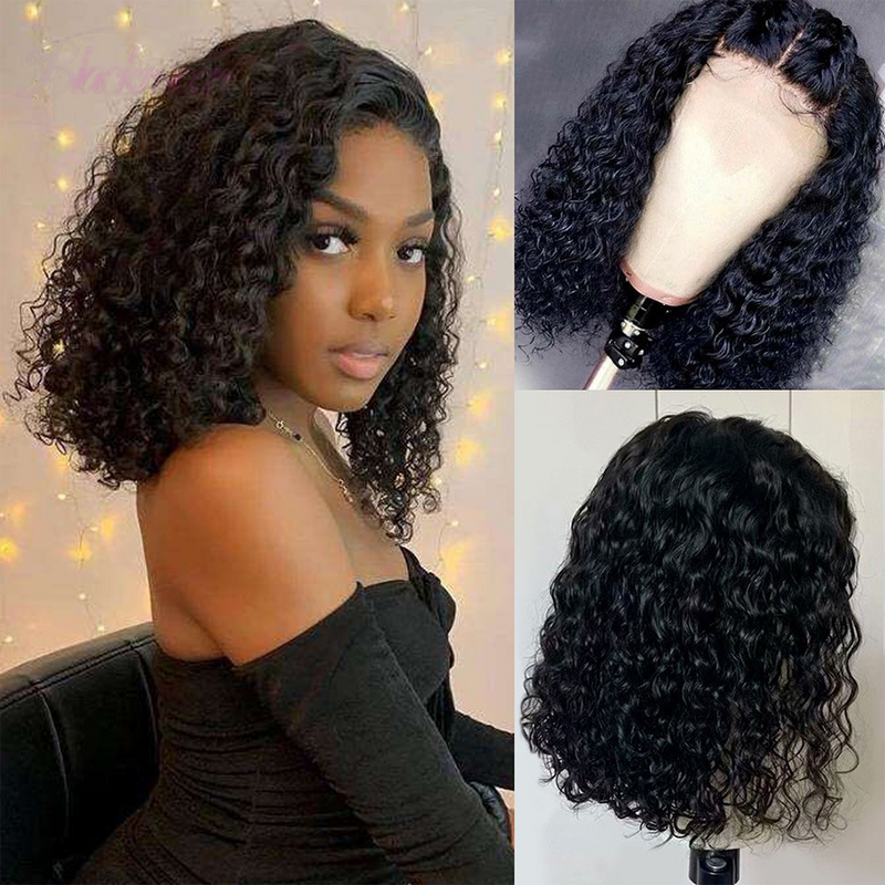 180% Density Deep Wave Human Hair Bob Style HD Transparent Lace Front Wig Pre Plucked