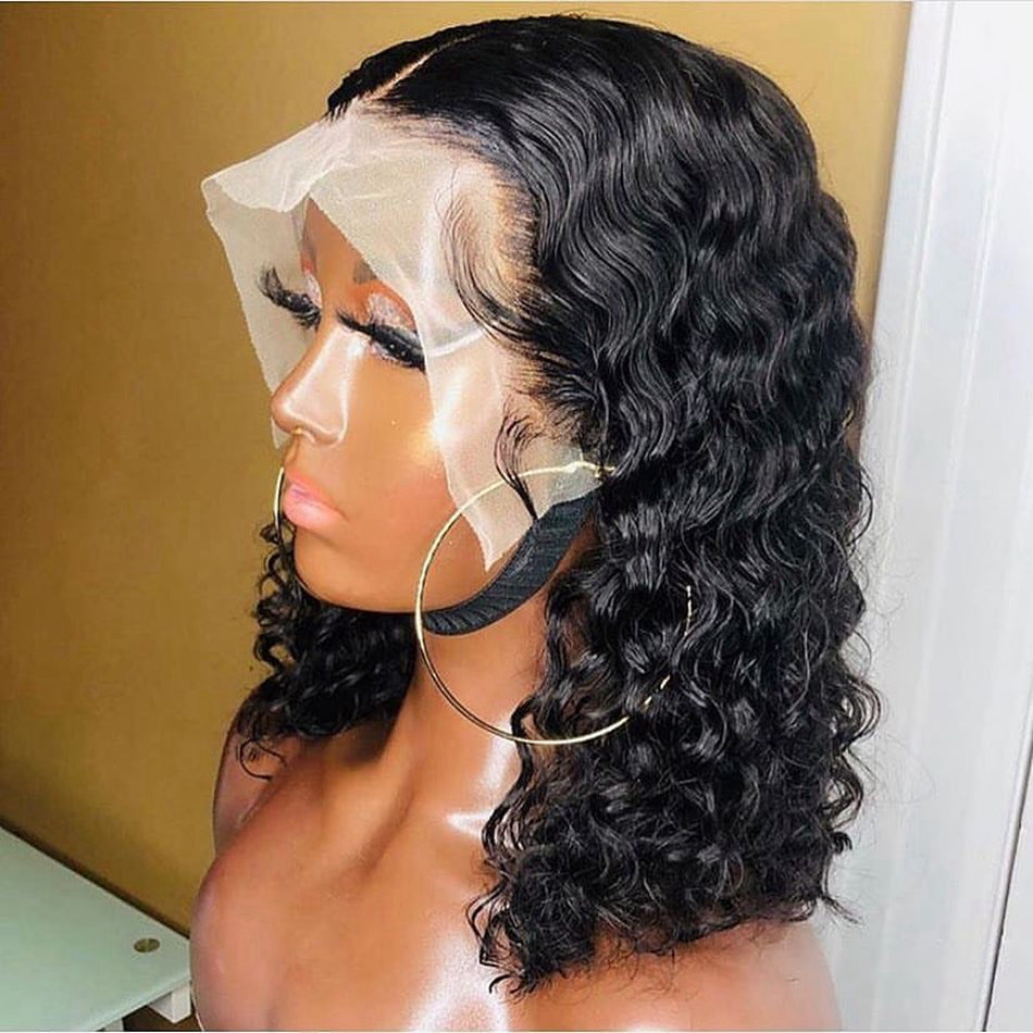 180% Density Deep Wave Human Hair Bob Style HD Transparent Lace Front Wig Pre Plucked