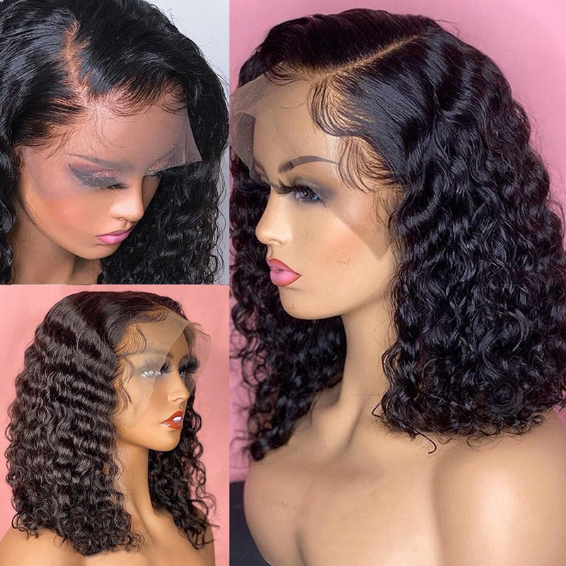 180% Density Deep Wave Human Hair Bob Wig HD Transparent Lace Front Wig Pre Plucked