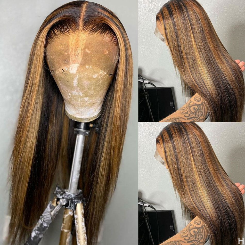 Highlight Wig Brown Ombre Colored Human Hair Lace Frontal Wig High Density