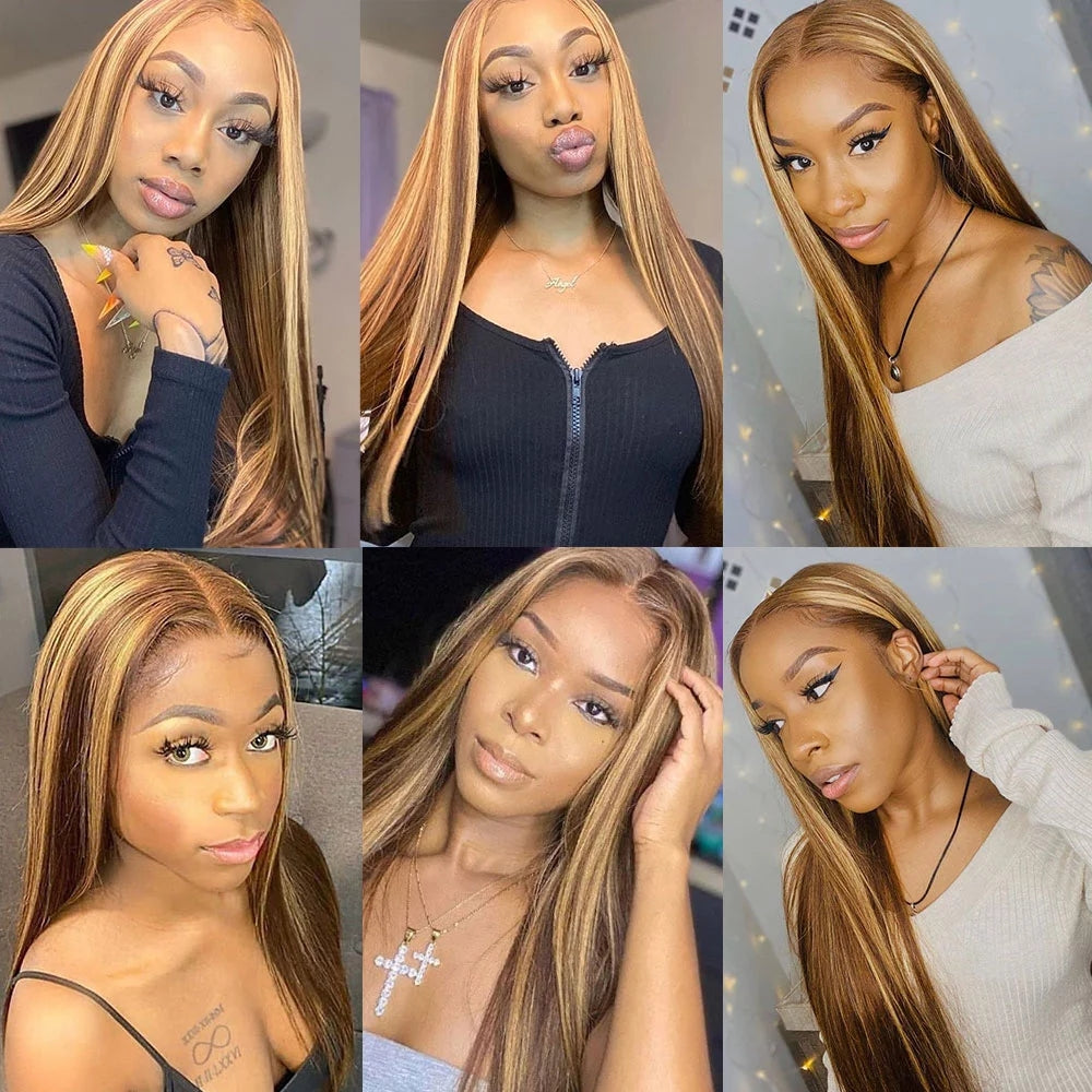 Highlight Wig Brown Ombre Colored Human Hair Lace Frontal Wig High Density