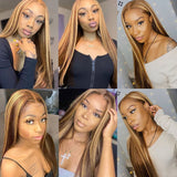 Highlight Wig Brown Ombre Colored Human Hair Lace Frontal Wig High Density