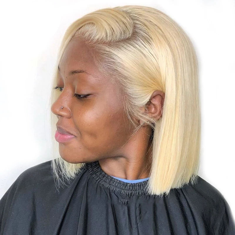 High Quality Best 613 Blonde Human Hair Bob Lace Front Wig Pixie Side Part