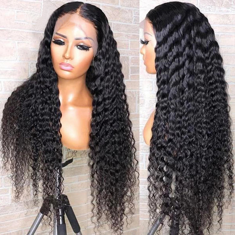 HD Transparent Glueless 180% Density Pre Plucked Deep Curly Lace Front Wigs