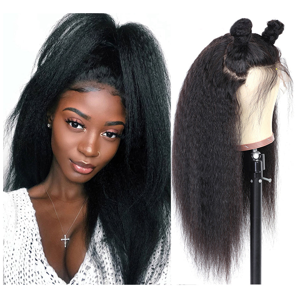High Density Yaki Kinky Straight Lace Closure Wig Human Virgin Hair