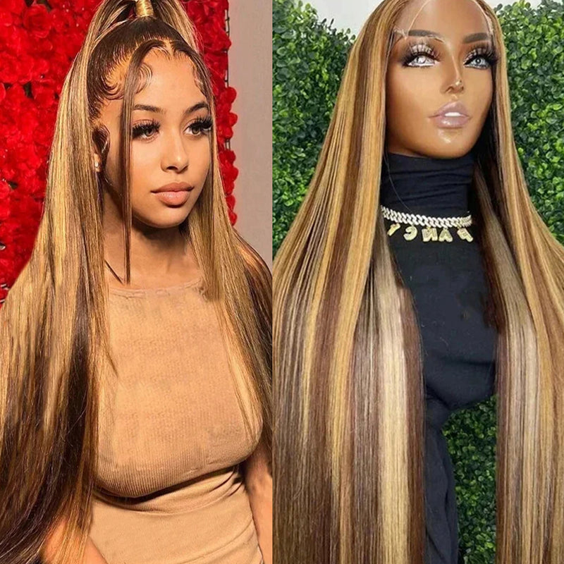 AMZHAIR Raw Vietnamese Hair Highlight Color Bone Straight 4x4 Lace Closure Wigs Human Hair 4/27# Colored 13x4 13x6 Hd Transparent Lace Frontal Wigs for Black Women