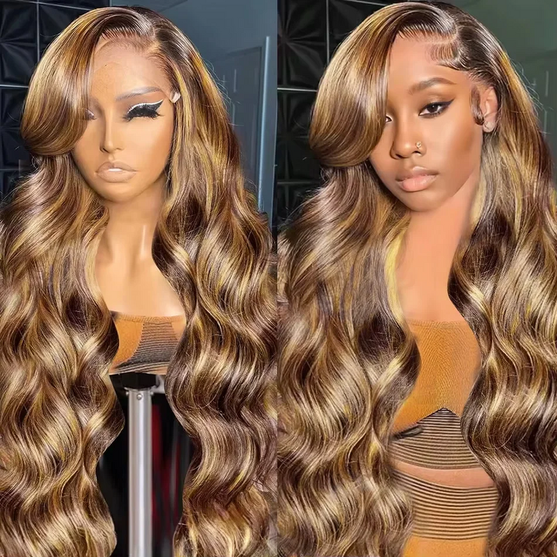 AMZHAIR Raw Vietnamese Hair Highlight Color Body Wave 4x4 Lace Closure Wigs Human Hair 4/27# Colored 13x4 13x6 Hd Transparent Lace Frontal Wigs for Black Women