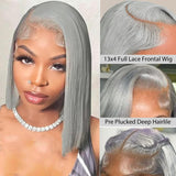 AMZHAIR Grey Color Double Drawn Bone Straight Short Bob Wigs Human Hair 13X4 hd Lace Front Wigs Glueless Baby Hair for Black Women