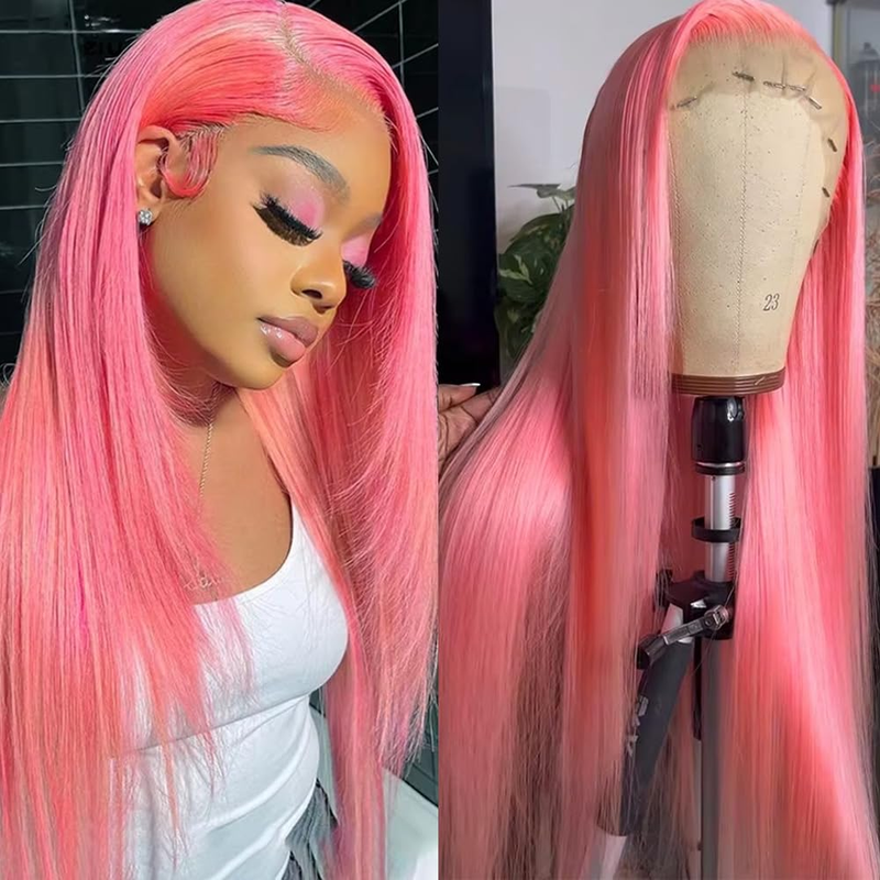 AMZHAIR Raw Vietnamese Hair Pink Color Bone Straight Wigs 100% Human Hair Hd Lace Frontal Wig Glueless 13x4 Lace Frontal Wigs for Black Women
