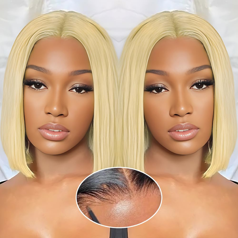AMZHAIR 613# Color Double Drawn Bone Straight Short Bob Wigs Human Hair 13X4 hd Lace Front Wigs Glueless Baby Hair for Black Women