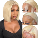 AMZHAIR 613# Color Double Drawn Bone Straight Short Bob Wigs Human Hair 13X4 hd Lace Front Wigs Glueless Baby Hair for Black Women