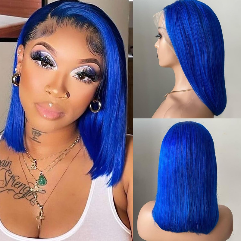 AMZHAIR Blue Color  Human Hair Short Bob 13x4 Lace Front Wigs Bleached Knots for Black Women