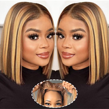AMZHAIR Highlight Color Human Hair Short Bob 13x4 Lace Front Wigs Bleached Knots for Black Women