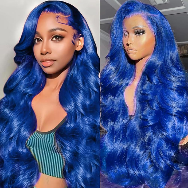 AMZHAIR Raw Vietnamese Hair Blue Color Body Wave 13x4 Lace Wigs Human Hair 13x6 Hd Transparent Lace Frontal Wigs for Women