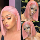 AMZHAIR Pink Color Double Drawn Bone Straight Short Bob Wigs Human Hair 13X4 hd Lace Front Wigs Glueless Baby Hair for Black Women