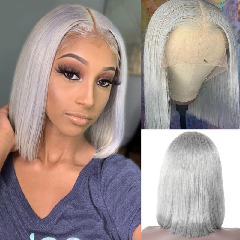 AMZHAIR Grey Color Double Drawn Bone Straight Short Bob Wigs Human Hair 13X4 hd Lace Front Wigs Glueless Baby Hair for Black Women