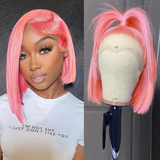 AMZHAIR Pink Color Double Drawn Bone Straight Short Bob Wigs Human Hair 13X4 hd Lace Front Wigs Glueless Baby Hair for Black Women