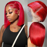 AMZHAIR Red Color Double Drawn Bone Straight Short Bob Wigs Human Hair 13X4 hd Lace Front Wigs Glueless Baby Hair for Black Women