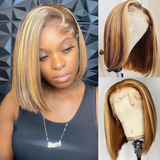 AMZHAIR Highlight Color Human Hair Short Bob 13x4 Lace Front Wigs Bleached Knots for Black Women