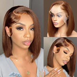 AMZHAIR Chocolate Brown Color Double Drawn Bone Straight Short Bob Wigs Human Hair 13X4 hd Lace Front Wigs Glueless Baby Hair for Black Women