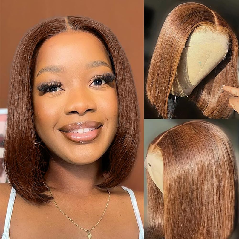 AMZHAIR Chocolate Brown Color Double Drawn Bone Straight Short Bob Wigs Human Hair 13X4 hd Lace Front Wigs Glueless Baby Hair for Black Women