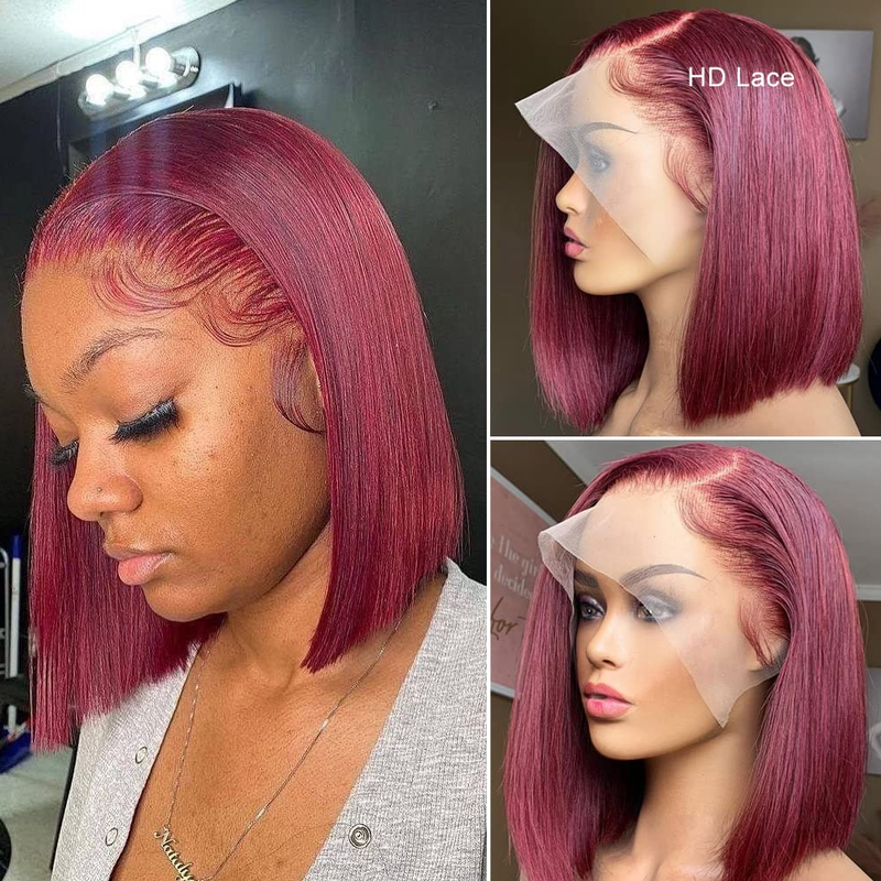 AMZHAIR 99J Color Double Drawn Bone Straight Short Bob Wigs Human Hair 13X4 hd Lace Front Wigs Glueless Baby Hair for Black Women