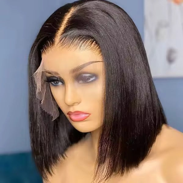 Natural Color Black Double Drawn Bone Straight Short Bob Wigs Human Hair 13X4 hd Lace Front Wigs Glueless Baby Hair for Black Women