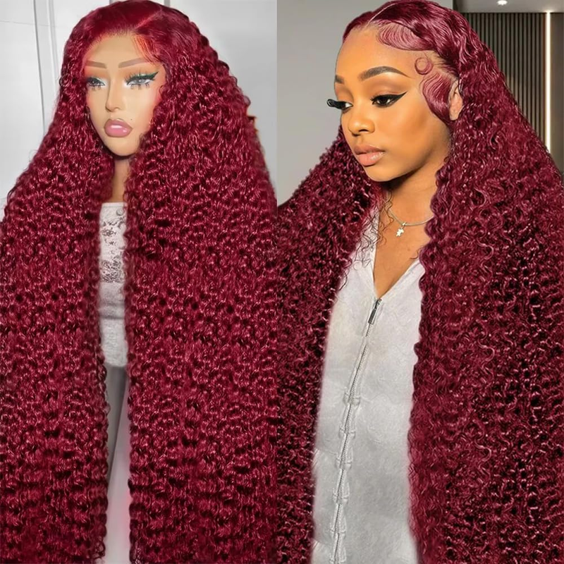 AMZHAIR Wholesale Raw Brazilian Hair Kinky Curly 99J Color Lace Wigs Human Hair 13x4 HD Full Lace Frontal Wigs  Glueless for Women