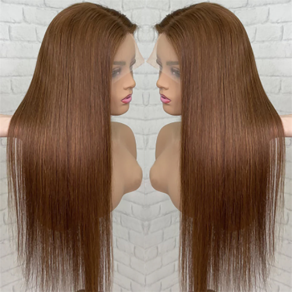 Silky Straight Human Hair 360 Transparent Lace Virgin Wigs 4# Brown Hair