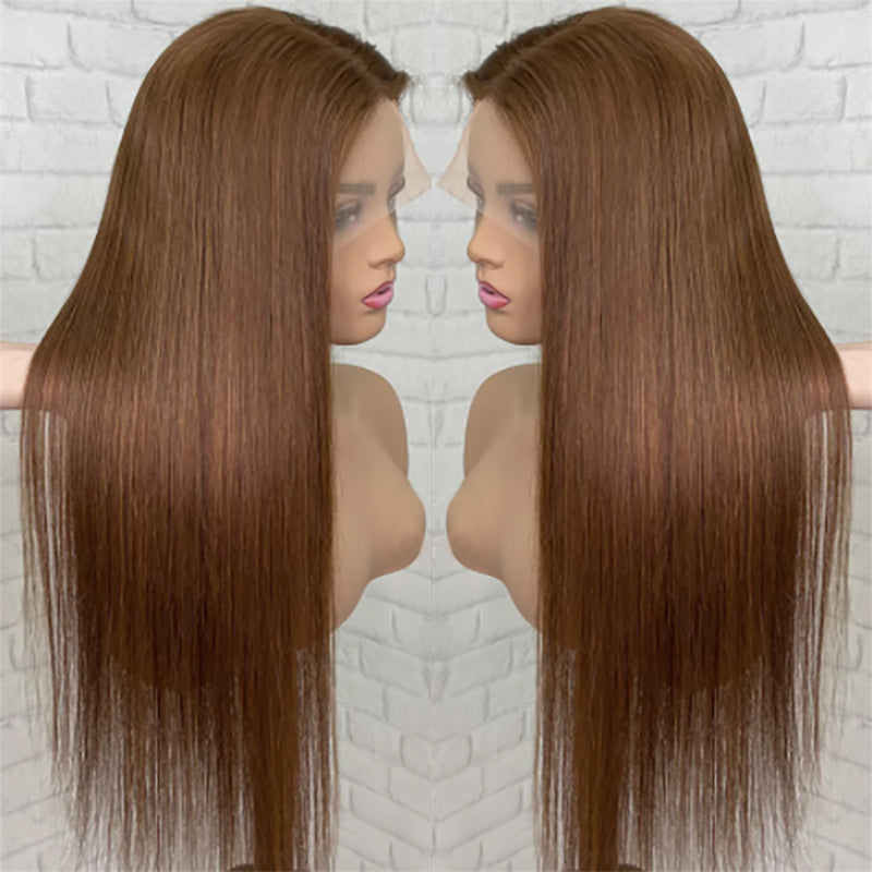 Silky Straight Human Hair 360 Transparent Lace Virgin Wigs 4# Brown Hair