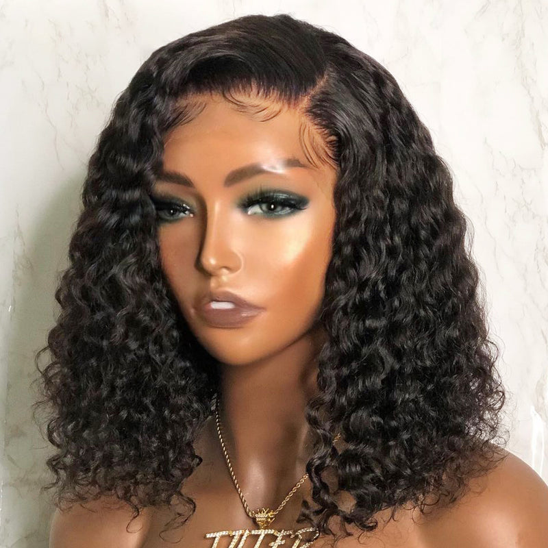 High Quality Deep Curly Wave BOB Style Human Hair Glueless HD Transparent Lace Front Wig