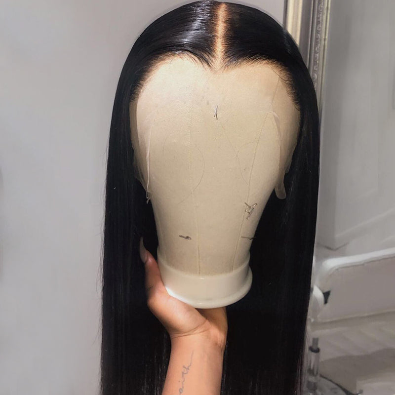 Straight Human Hair HD Transparent Lace Front Wig Pre Plucked 180% Density