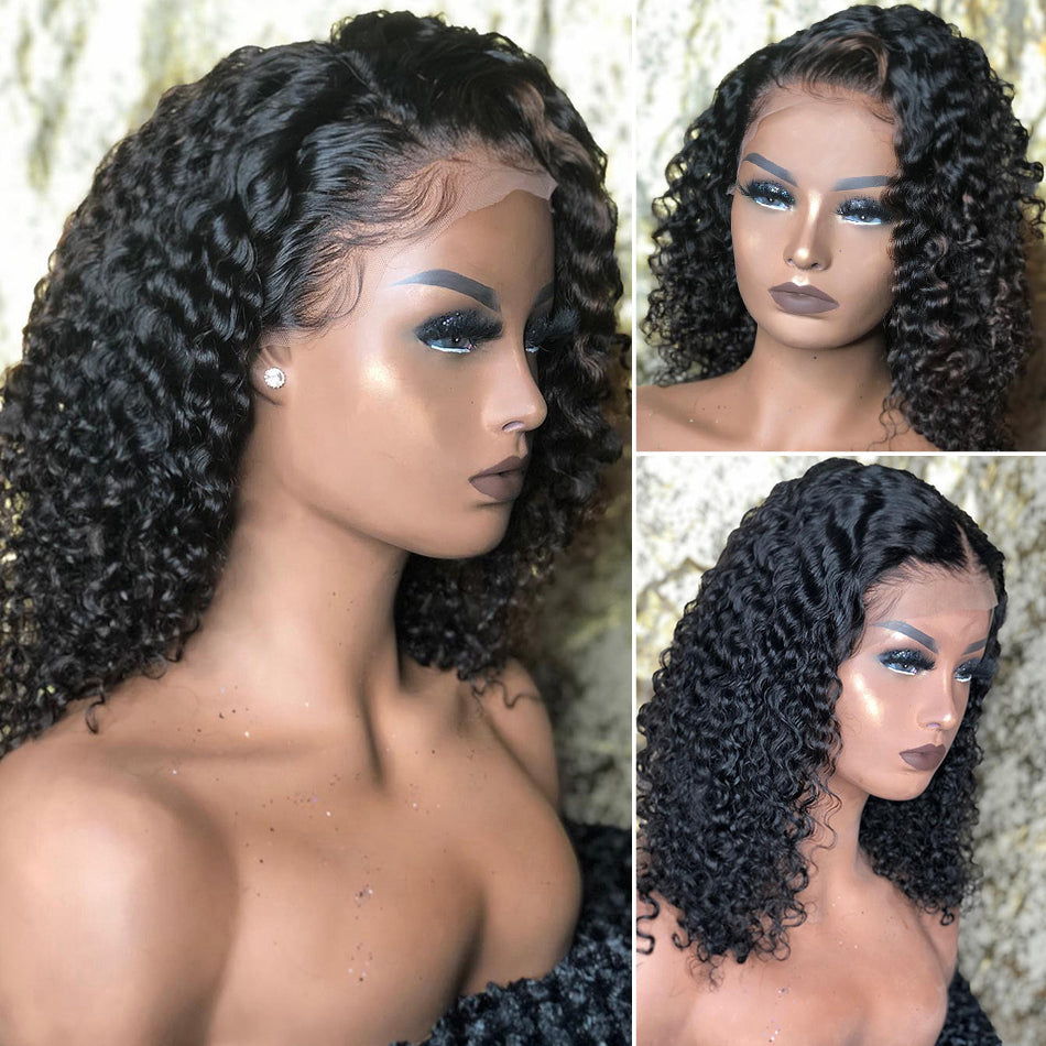 High Quality Deep Curly Wave BOB Style Human Hair Glueless HD Transparent Lace Front Wig