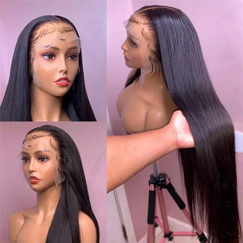 180% Density Glueless Straight HD Transparent 13X4 Lace Front Wig Human Hair Pre Plucked