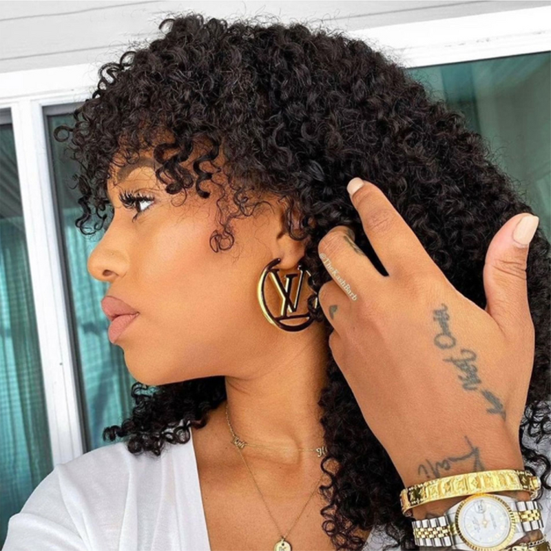 Trending Style Machine Made Wigs With Bangs Kinky Curly Human Hair High Density 180% Soft and Bouncy