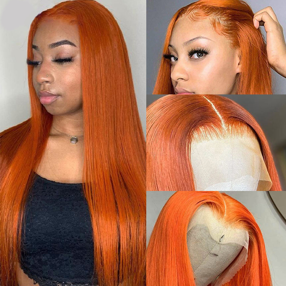 Ginger Orange Colored Human Hair HD Lace Frontal Wig Pre Plucked With Baby Hair 180% Density
