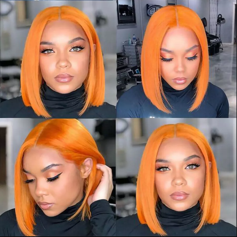 Ginger Orange Color 350# Human Hair Short Bob Lace Front Wig Bleached Knots
