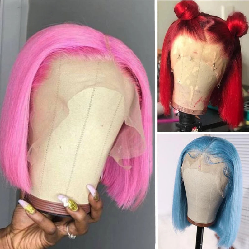Wine Red 99J Short Bob Lace Front Wig Pink Blonde Red Purple Blue Color Lace Frontal Wig Pre Plucked