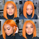 Ginger Orange Color 350# Human Hair Short Bob Lace Front Wig Bleached Knots