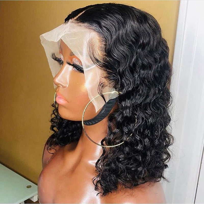 Deep Wave Human Hair Bob Style HD Transparent Lace Front Wig Pre Plucked