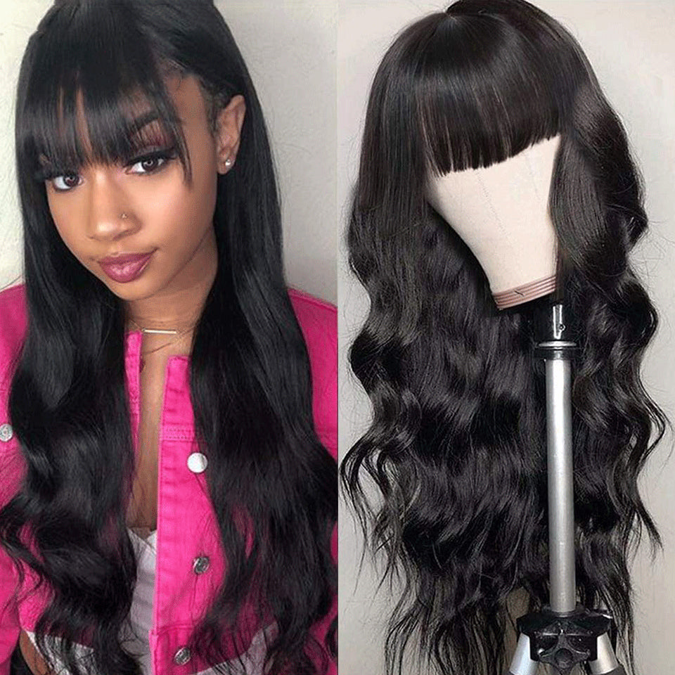 Glueless Body Wave Human Hair Wigs With Bangs Machine Made Wig Suitable For Beginners