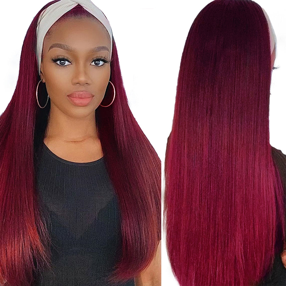 99# Burgundy Red Color Silky Straight Human Hair Glueless Headband Wigs For Women